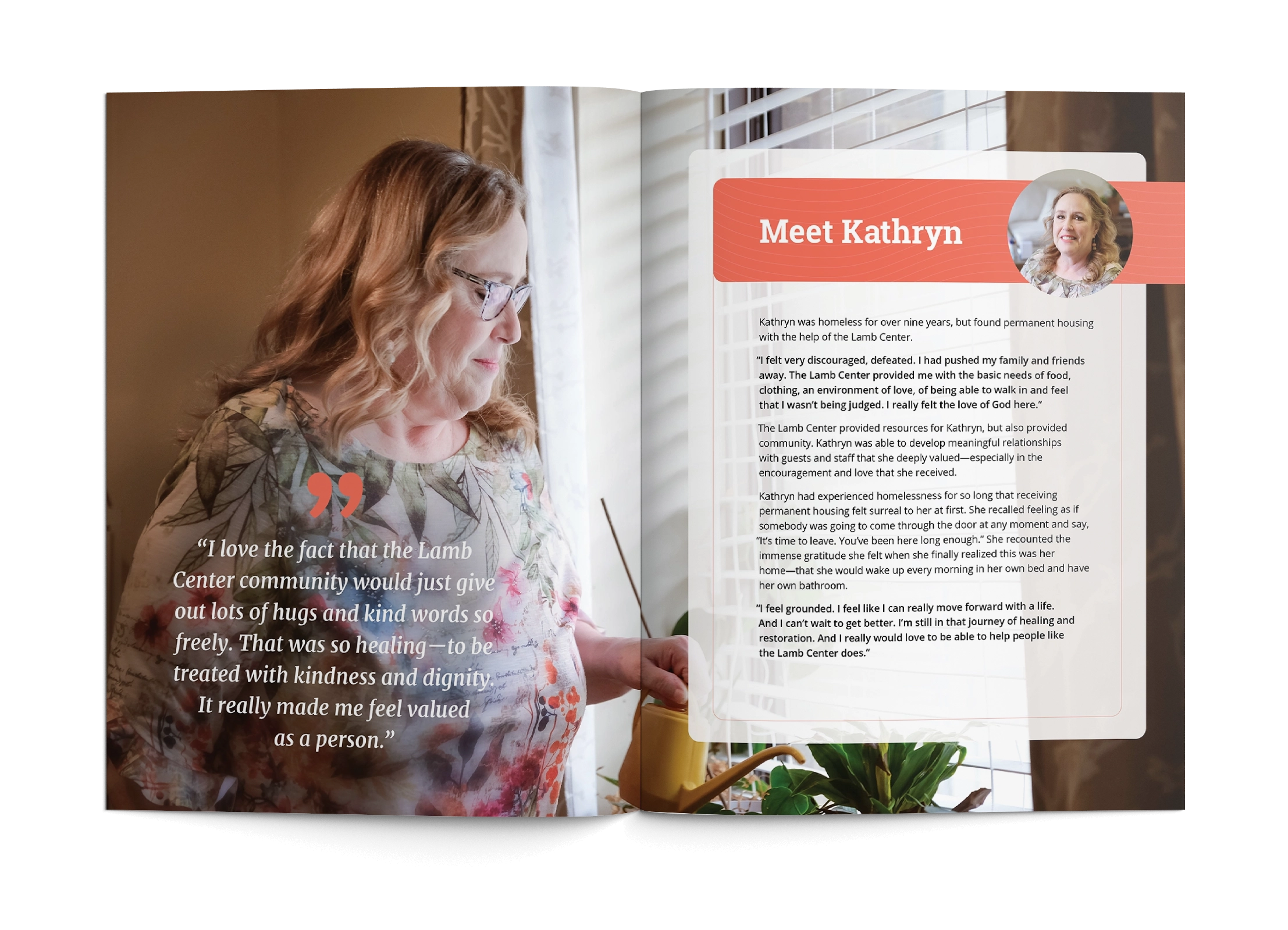Kathryn's story spread from The Lamb Center capital campaign brochure