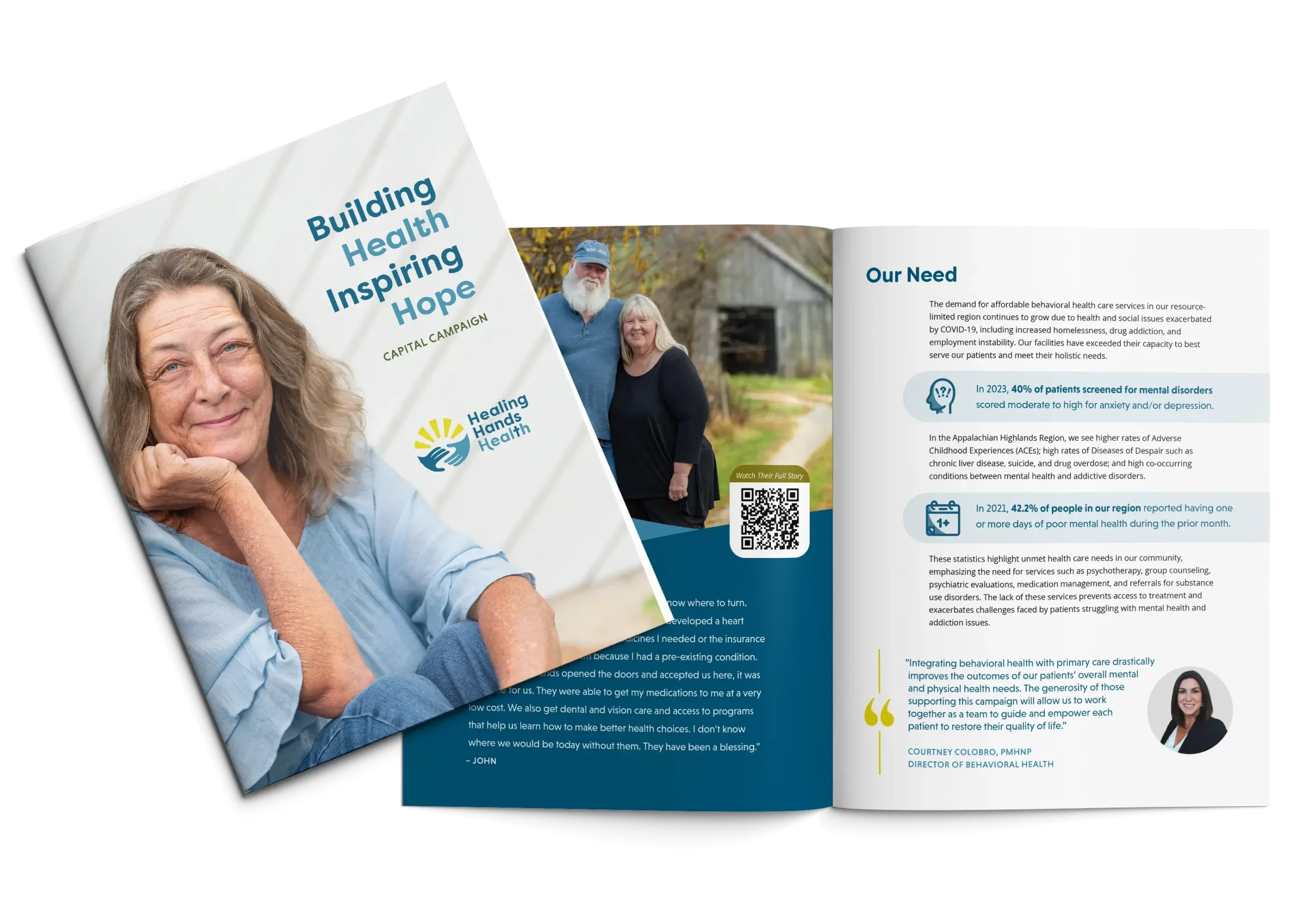 The Healing Hands Health Case for Support and an inside spread. The cover shows a middle-aged white woman who is smiling with her lips closed. The title is "Building Health Inspiring Hope." The inside spread shows a photo of an older white couple who are smiling and text.