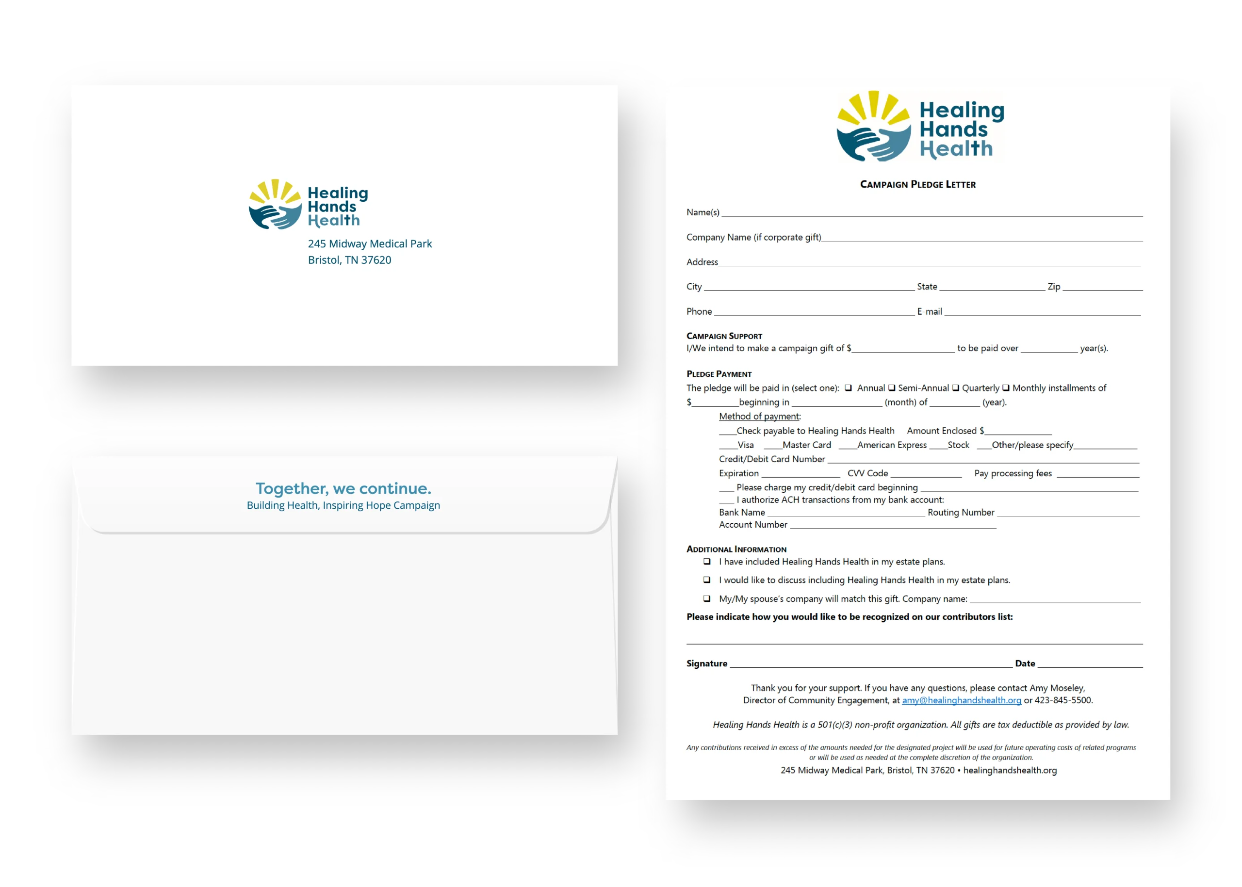 Two envelopes and a giving form for Healing Hands Health.