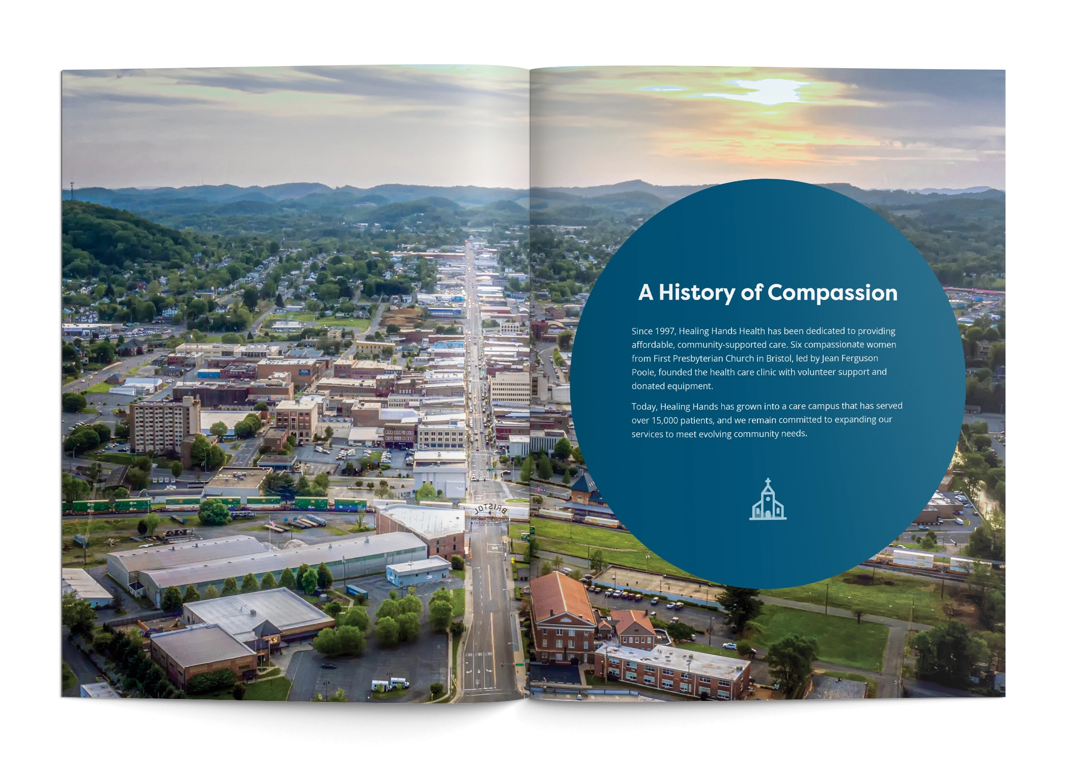 A spread from the Healing Hands Health Case for Support shows an arial photo of Bristol TN/VA with a blue circle with white text on top.