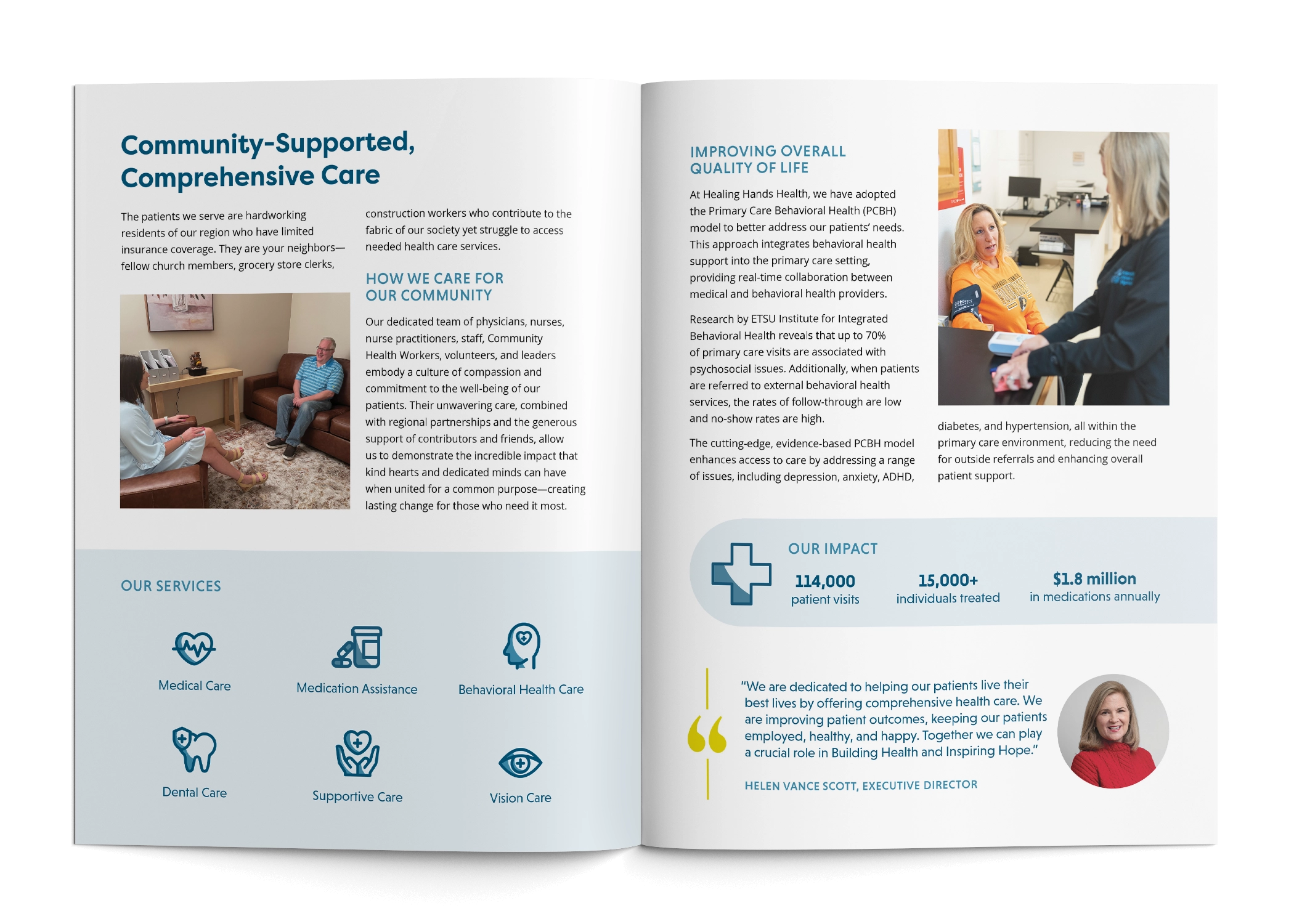 The spread of the Healing Hands Health Case for Support shows a mix of copy, icons, stats, and photos to show the impact of the organization.