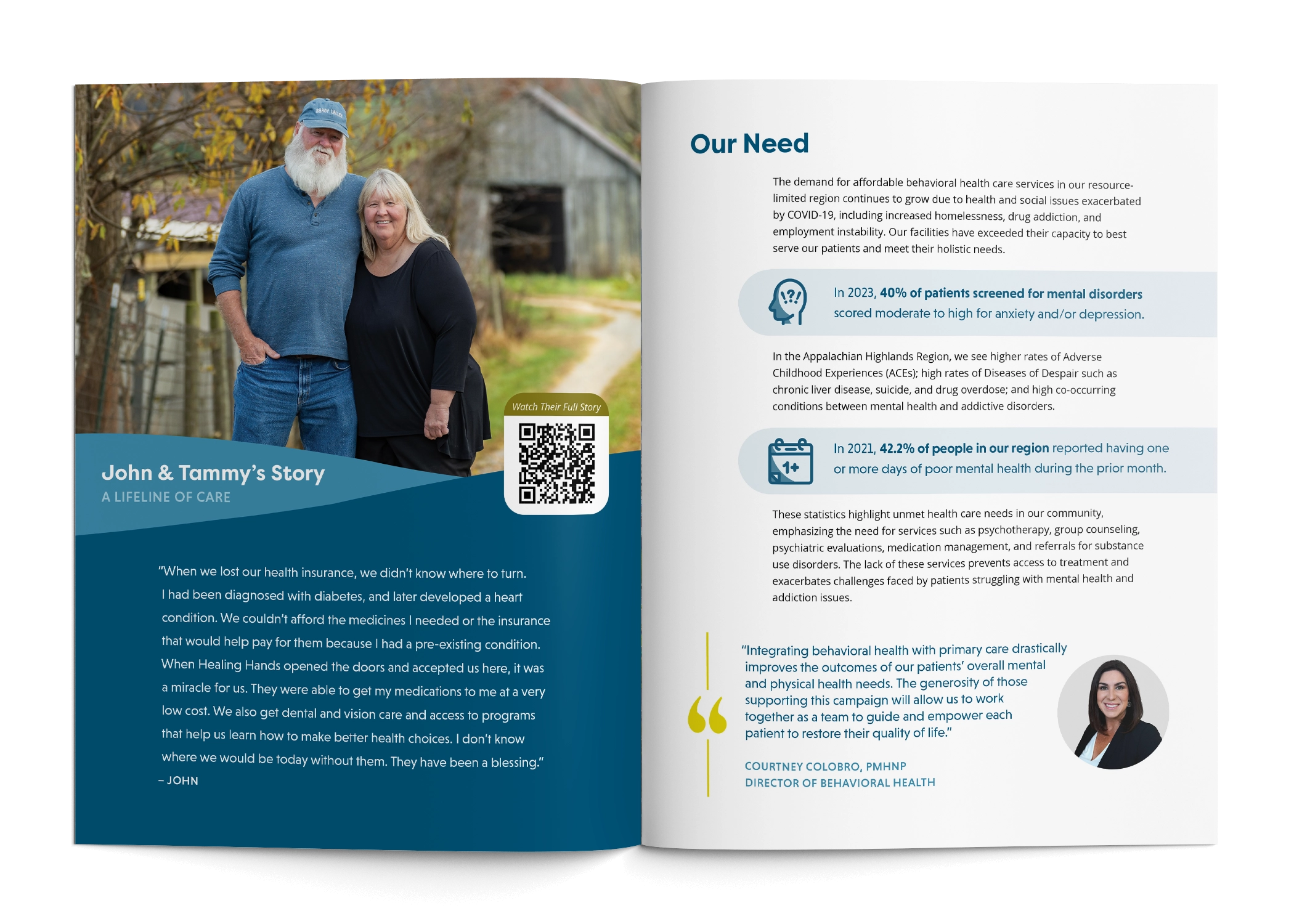 A spread from the Healing Hands Health Case for Support shows a picture of a middle aged white couple, Josh and Tammy, on the left page and their story. On the right page, there is text and a quote from the Director of Behavioral Health with her headshot.